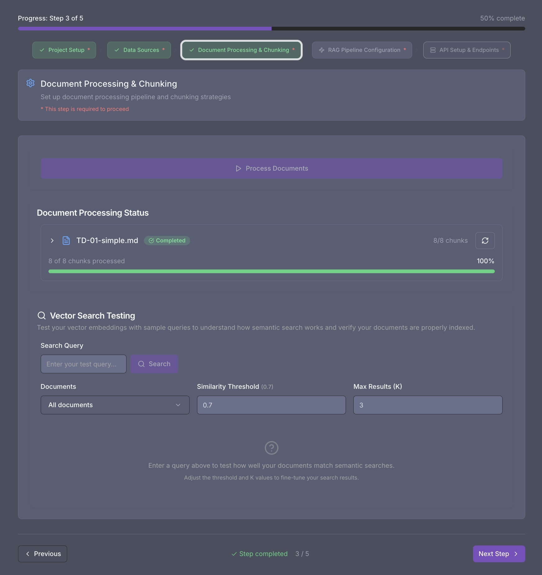 Document processing workflow - OCR, chunking, and embedding generation